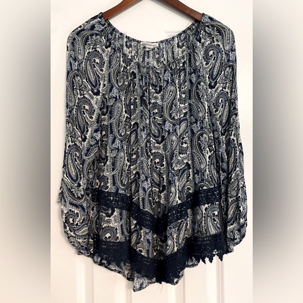 Westport Women’s blouse, boho style, size XL, paisley blue, green and beige